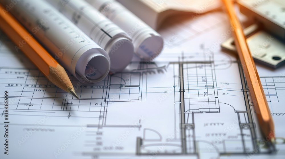 نقشههای معماری با جزئیات دقیق بر روی میز کار، نشاندهنده اهمیت دقت در طراحی ساختمان