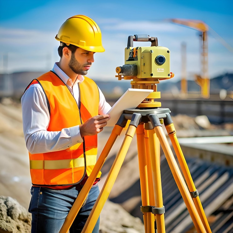 مهندس عمران با ابزارهای توپوگرافی در سایت ساختمانی