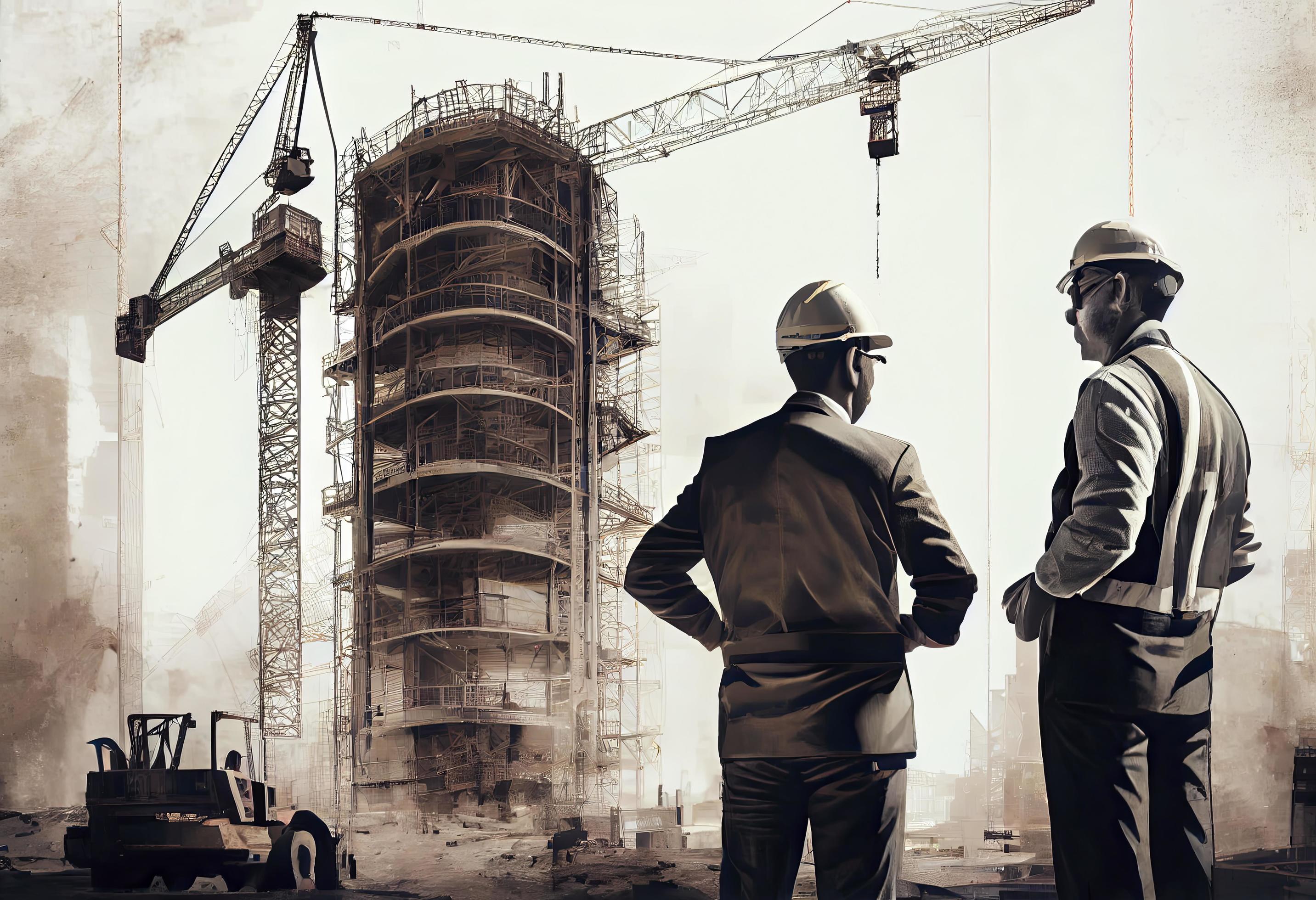 مهندس عمران و معمار در محل ساخت و ساز، بررسی جزئیات پروژه با استفاده از نقشهها