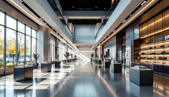 طراحی فضای فروشگاهی لوکس با استفاده از رنگهای گرم و نمایش محصولات