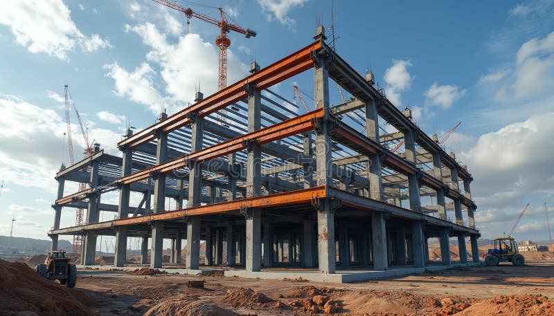 مهندسان در حال مونتاژ اسکلت فلزی با جرثقیلهای نارنجی در یک سایت ساختمانی